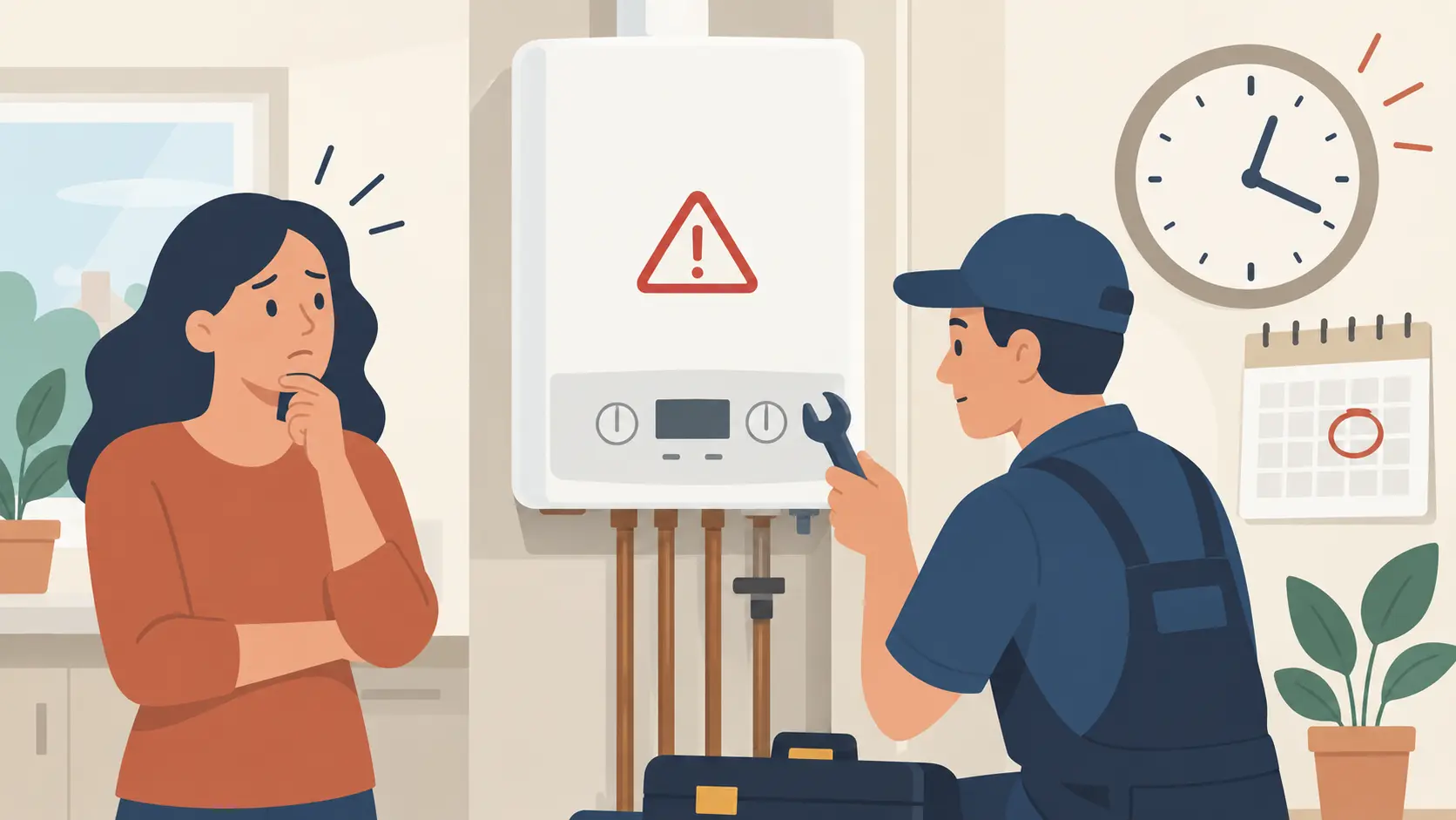 Heating engineer inspecting a broken boiler while a homeowner waits for the repair
