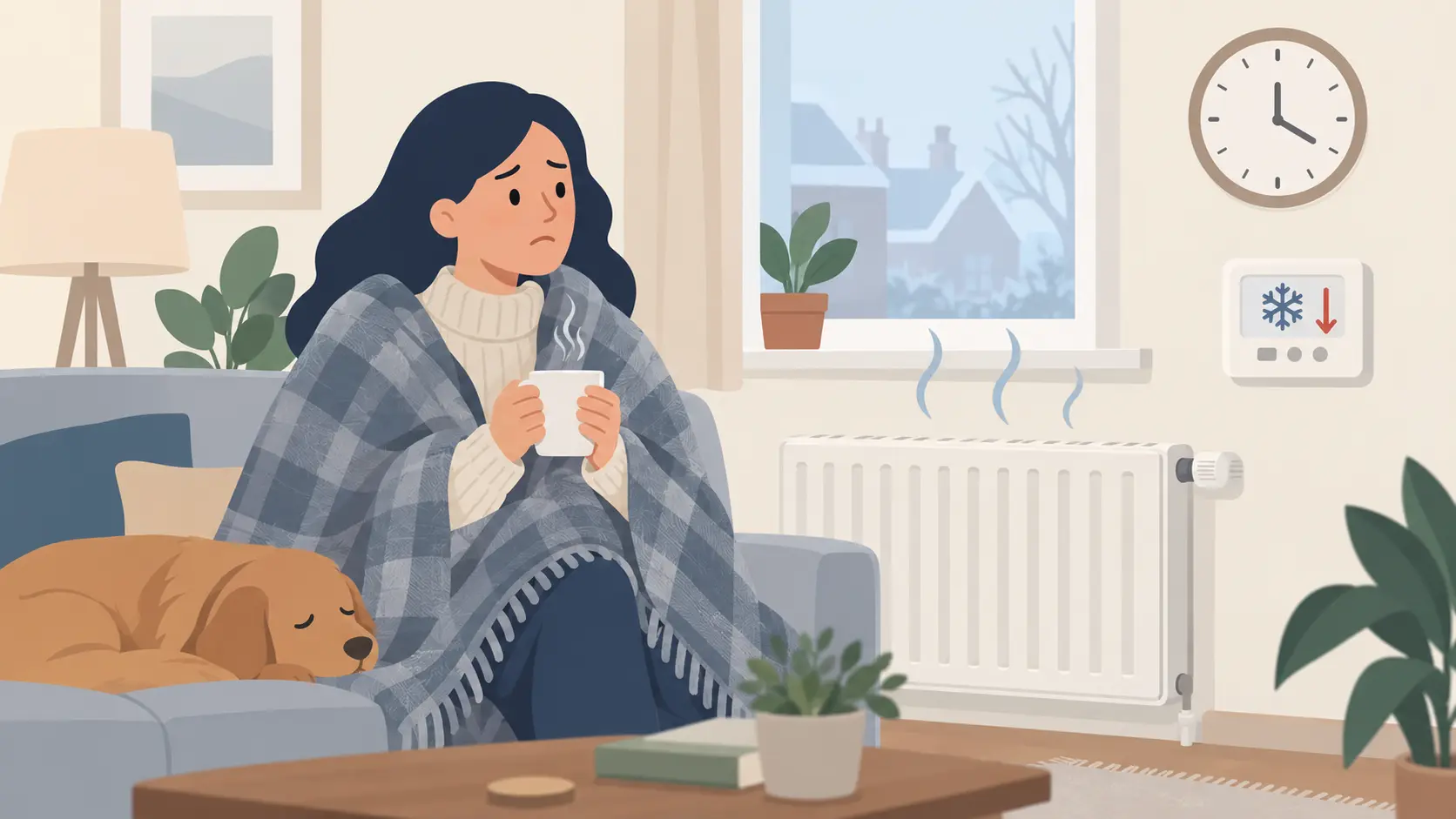 Homeowner keeping warm with a blanket while waiting for boiler heating repairs