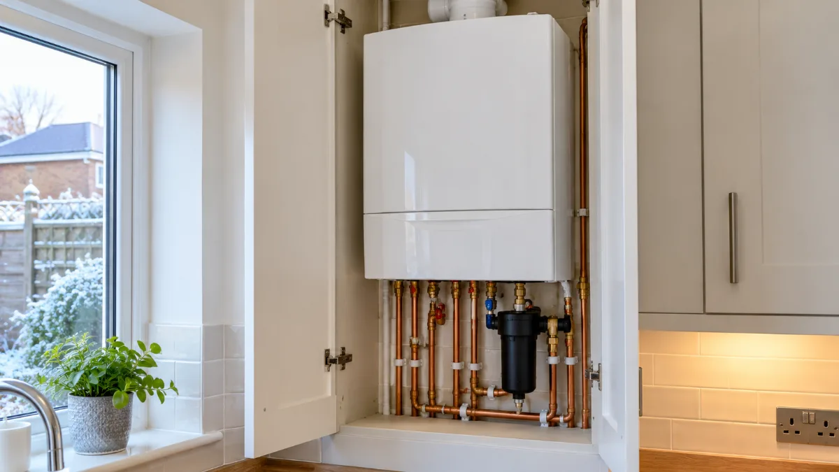 Newly fitted white combi boiler in a tidy kitchen cupboard, neat copper pipework and a magnetic filter below