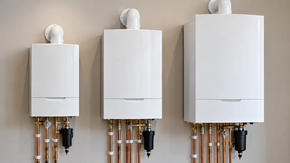 Three white wall-mounted boilers of different sizes side by side in a showroom-style setting