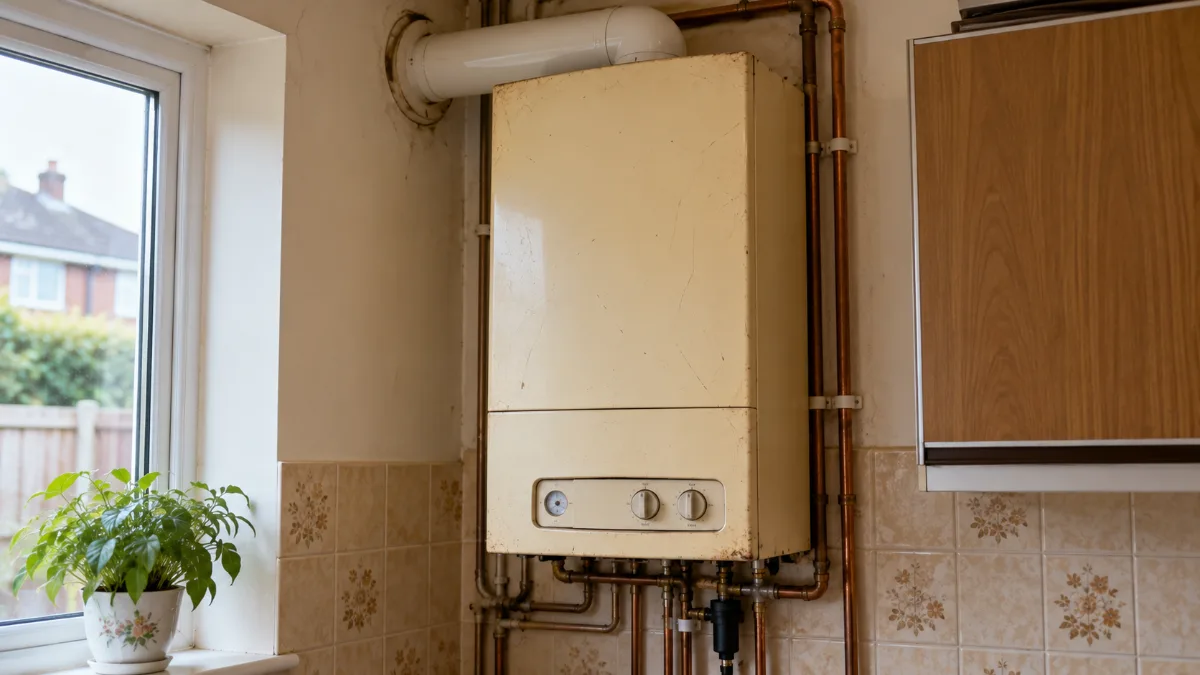 Old, yellowed wall-mounted gas boiler with a scratched casing in a dated kitchen