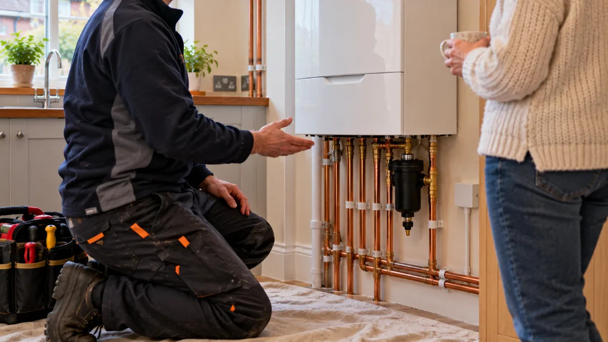 Heating engineer kneeling beside a white combi boiler in a home, talking to a homeowner holding a mug