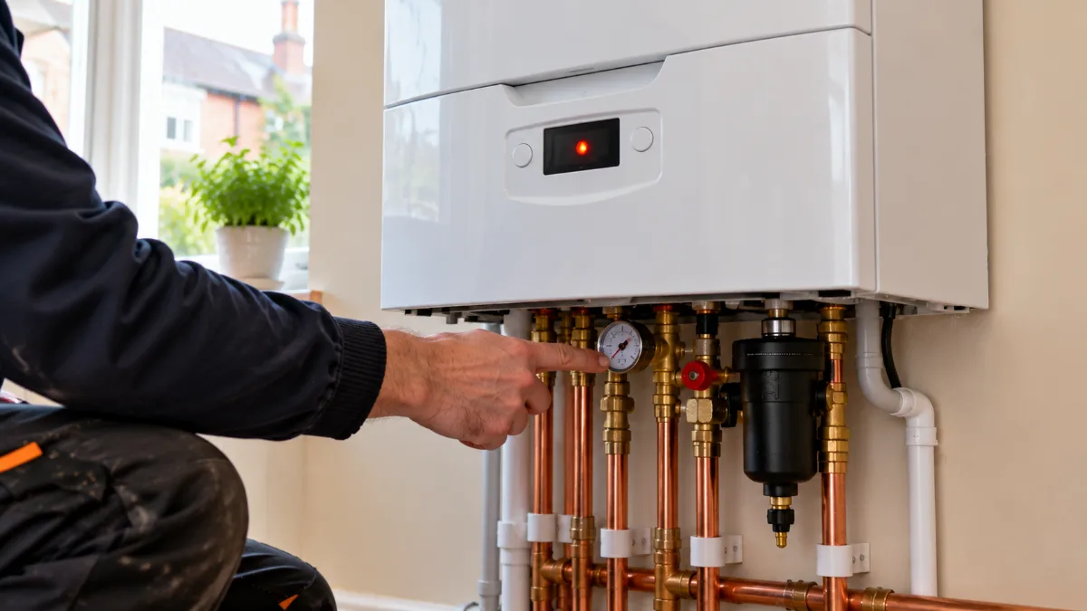 Combi boiler with its digital display showing a fault light, a hand pointing at the pressure gauge underneath
