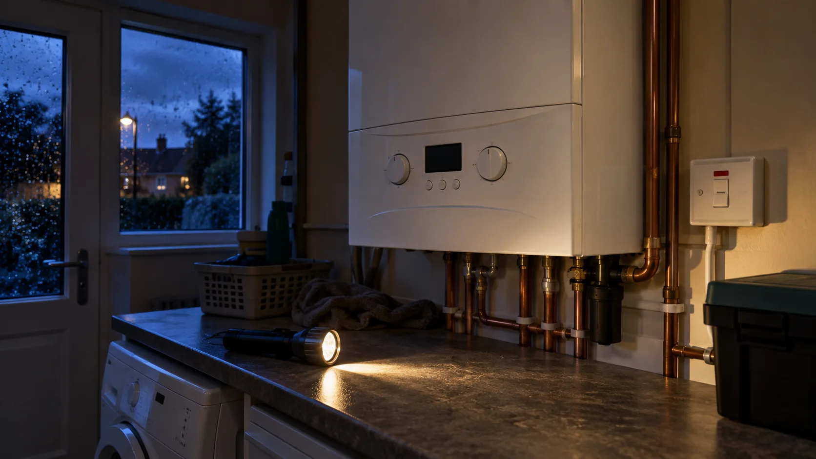 Combi boiler in a utility room with its display off and a torch on the worktop beside it after a power cut