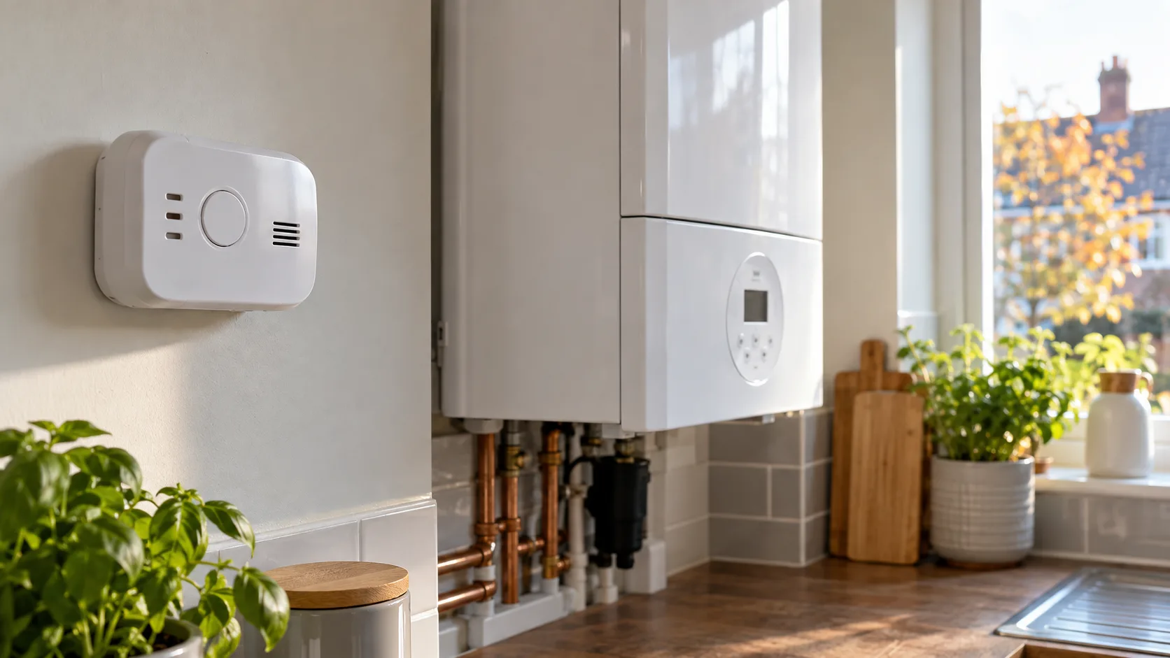 White carbon monoxide alarm mounted on a kitchen wall near a modern combi boiler in a Bristol home