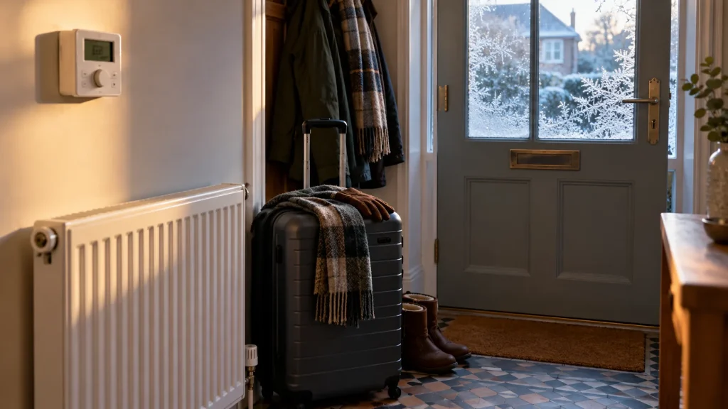 Packed suitcase by the front door of a Bristol home in winter, with a programmable thermostat on the hallway wall