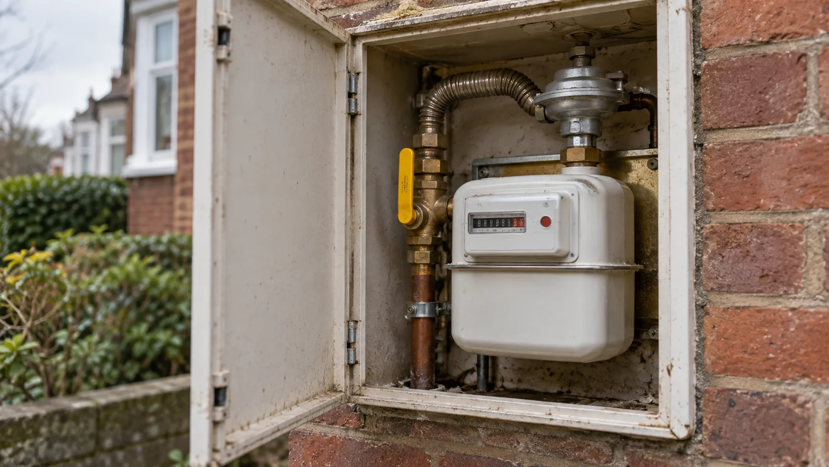 Domestic gas meter in an outdoor meter box on a Bristol house with the yellow lever of the emergency control valve visible