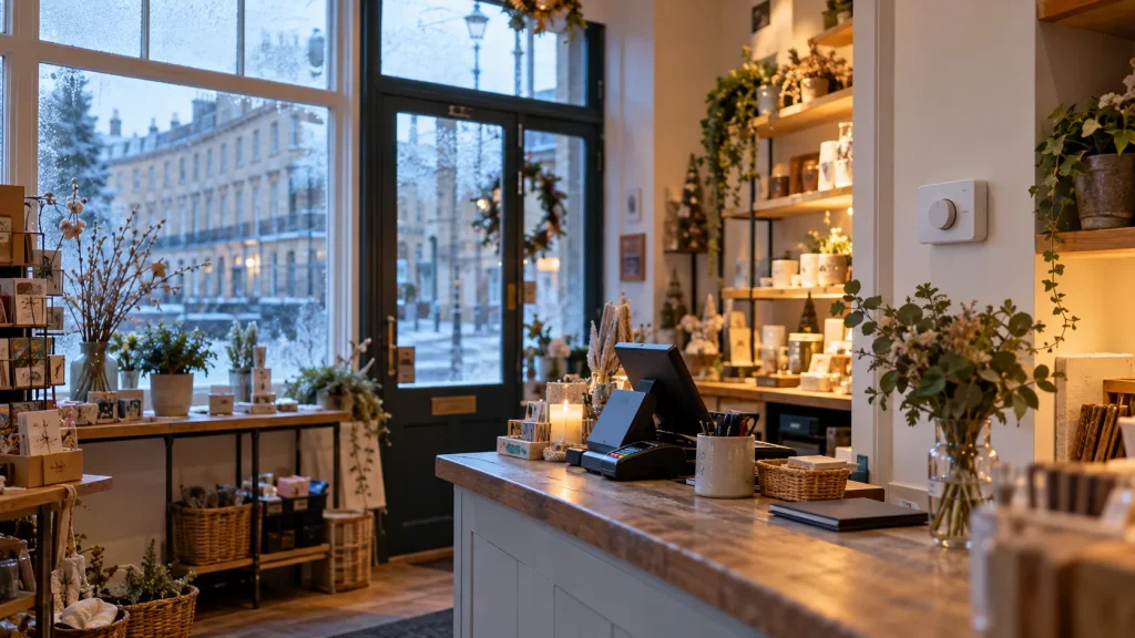 Interior of a small independent shop in Bath on a cold winter morning with a heating thermostat on the wall behind the counter